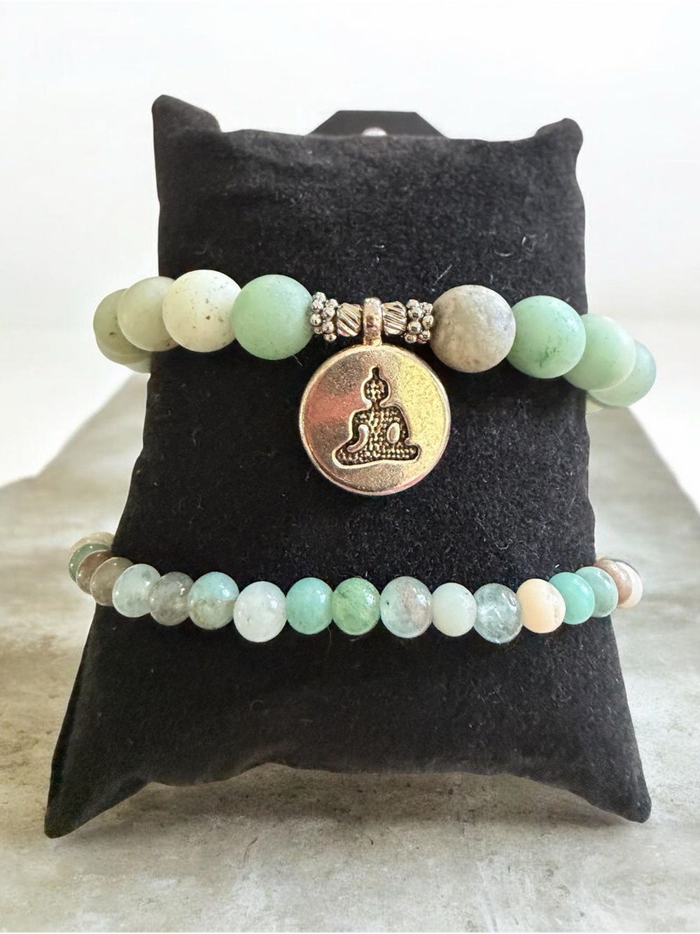 Green Amazonite Beaded Stretch Bracelet Set with Buddha Charm